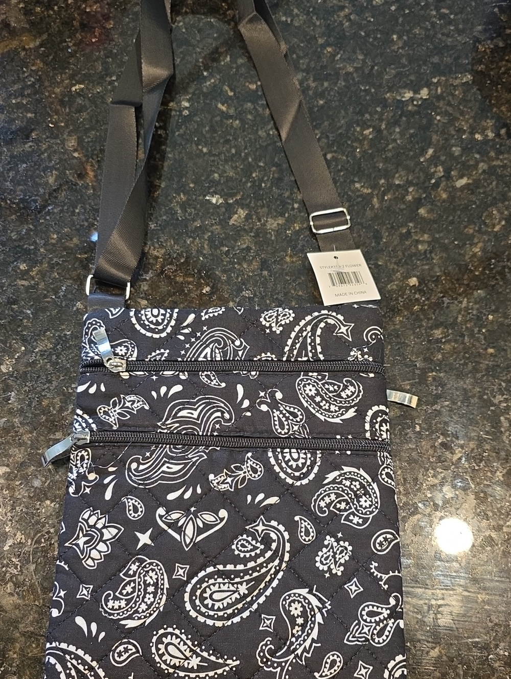 Black Paisley Quilted Crossbody Bag - Compact Everyday Shoulder Bag